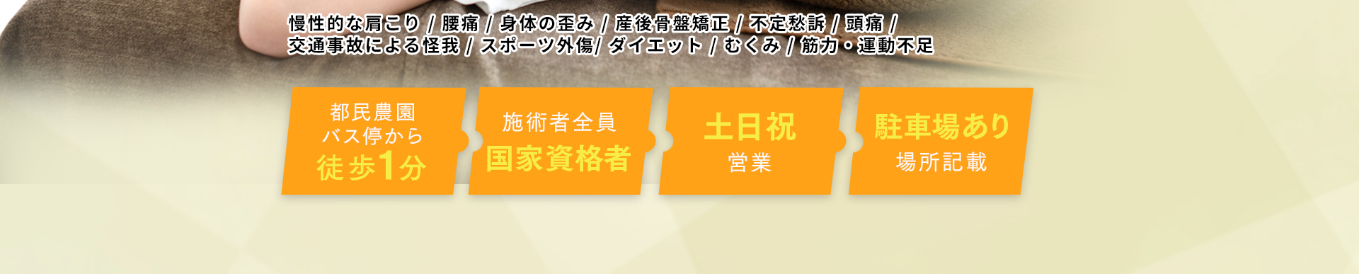 慢性的な肩こり、腰痛、身体の歪み、産後骨盤矯正、不定愁訴、頭痛、交通事故による怪我、スポーツ外傷、ダイエット、むくみ、筋力・運動不足